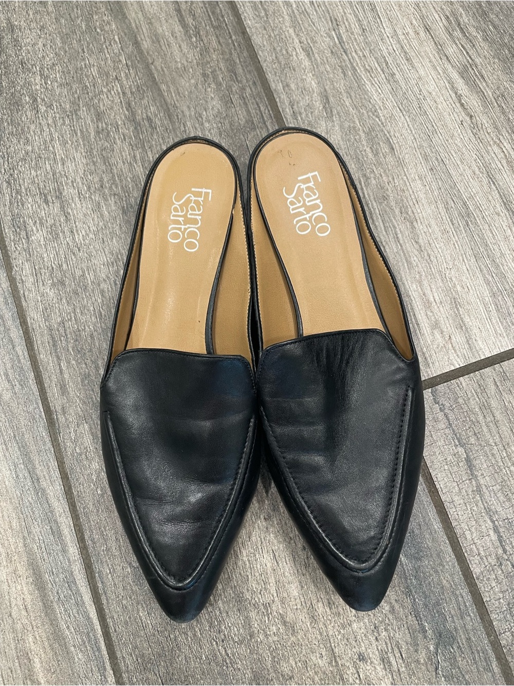 Franco Sarto Black Leather Pointed Backless Mules